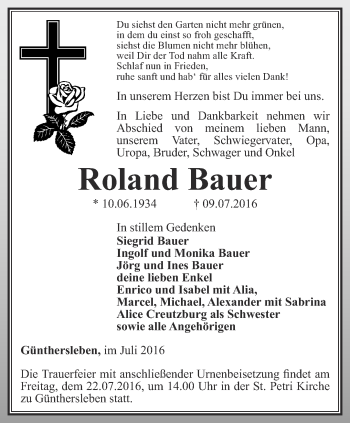 Traueranzeige von Roland Bauer von Ostthüringer Zeitung, Thüringische Landeszeitung