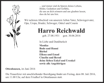 Traueranzeige von Harro Reichwald von Thüringer Allgemeine