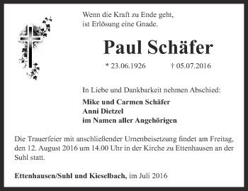 Traueranzeige von Paul Schäfer von Thüringer Allgemeine, Thüringische Landeszeitung