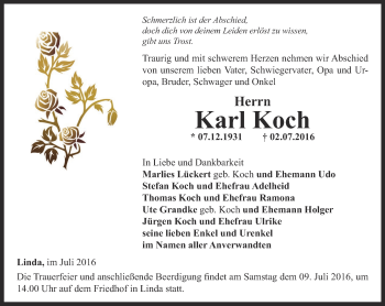 Traueranzeige von Karl Koch von Ostthüringer Zeitung