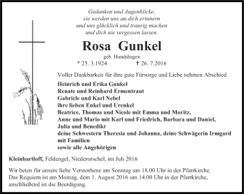 Traueranzeige von Rosa Gunkel von Thüringer Allgemeine