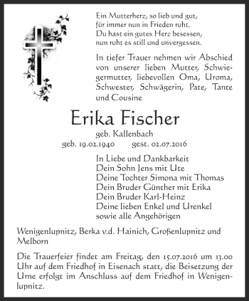 Traueranzeige von Erika Fischer von Thüringer Allgemeine, Thüringische Landeszeitung