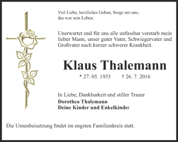 Traueranzeige von Klaus Thalemann von Ostthüringer Zeitung