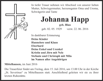 Traueranzeige von Johanna Happ von Thüringer Allgemeine, Thüringische Landeszeitung