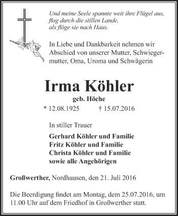 Traueranzeige von Irma Köhler von Thüringer Allgemeine
