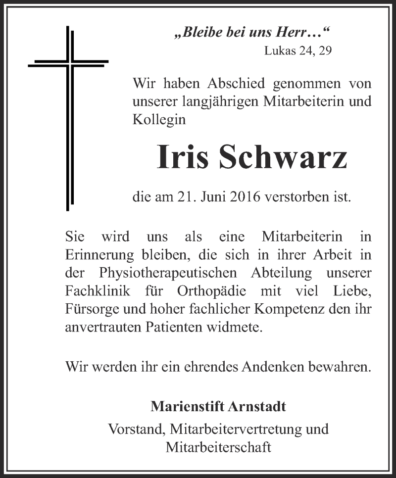  Traueranzeige für Iris Schwarz vom 09.07.2016 aus Thüringer Allgemeine