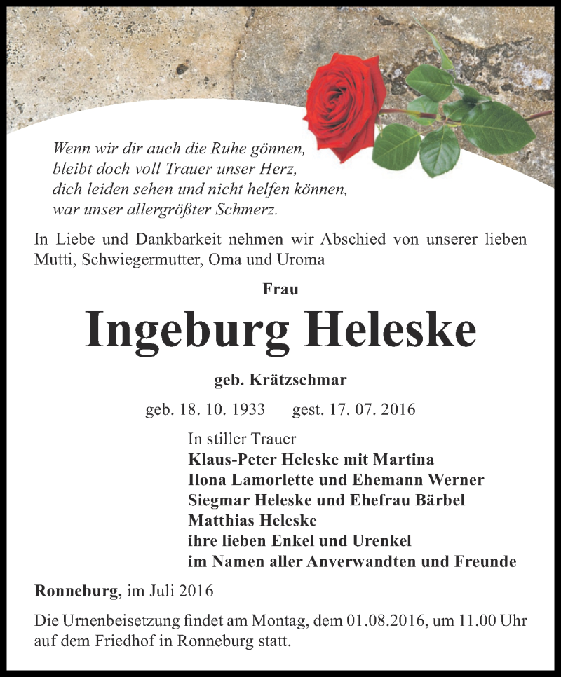  Traueranzeige für Ingeburg Heleske vom 21.07.2016 aus Ostthüringer Zeitung