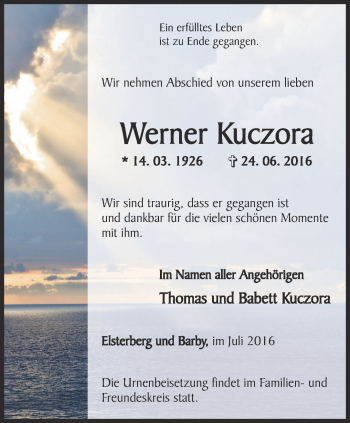 Traueranzeige von Werner Kuczora von Ostthüringer Zeitung