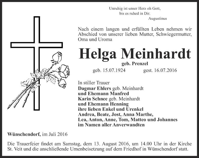 Traueranzeige für Helga Meinhardt vom 23.07.2016 aus Ostthüringer Zeitung