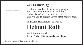 Traueranzeige von Helmut Roth von Thüringer Allgemeine