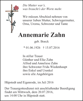 Traueranzeige von Annemarie Zahn von Thüringer Allgemeine, Thüringische Landeszeitung