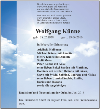 Traueranzeige von Wolfgang Künne von Ostthüringer Zeitung