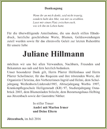 Traueranzeige von Juliane Hillmann von Thüringer Allgemeine