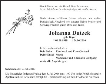 Traueranzeige von Johanna Dutzek von Thüringer Allgemeine, Thüringische Landeszeitung