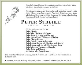 Traueranzeige von Peter Strehle von Ostthüringer Zeitung