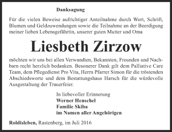 Traueranzeige von Liesbeth Zirzow von Thüringer Allgemeine