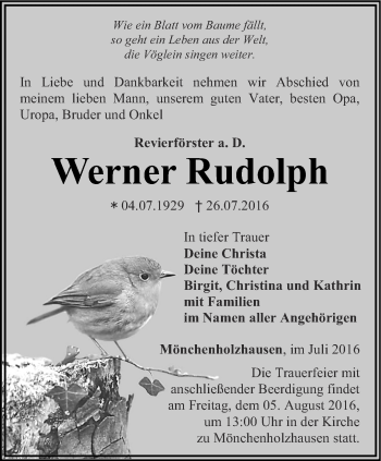 Traueranzeige von Werner Rudolph von Thüringer Allgemeine, Thüringische Landeszeitung