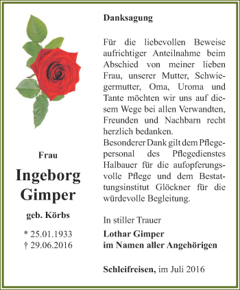 Traueranzeige von Ingeborg Gimper von Ostthüringer Zeitung