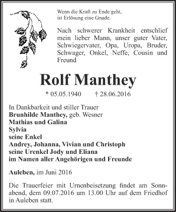 Traueranzeige von Rolf Manthey von Thüringer Allgemeine