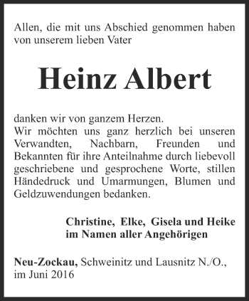 Traueranzeige von Heinz Albert von Ostthüringer Zeitung