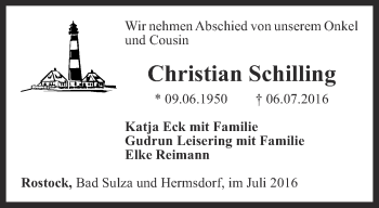 Traueranzeige von Christian Schilling von Ostthüringer Zeitung