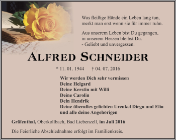 Traueranzeige von Alfred Schneider von Ostthüringer Zeitung