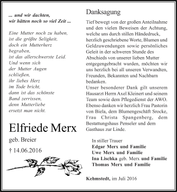 Traueranzeige von Elfriede Merx von Thüringer Allgemeine