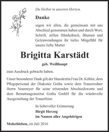 Traueranzeige von Brigitta Karstädt von Ostthüringer Zeitung, Thüringische Landeszeitung