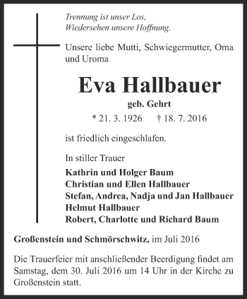 Traueranzeige von Eva Hallbauer von Ostthüringer Zeitung