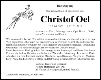 Traueranzeige von Christof Oel von Ostthüringer Zeitung