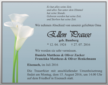 Traueranzeige von Ellen Prause von Thüringer Allgemeine, Thüringische Landeszeitung