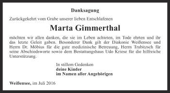 Traueranzeige von Marta Gimmerthal von Thüringer Allgemeine
