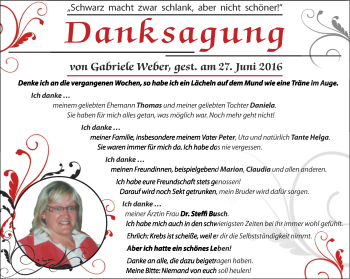 Traueranzeige von Gabriele Weber von Ostthüringer Zeitung, Thüringische Landeszeitung