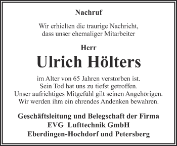 Traueranzeige von Ulrich Hölters von Ostthüringer Zeitung