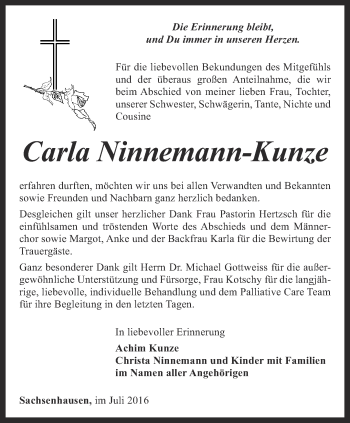 Traueranzeige von Carla Ninnemann-Kunze von Thüringer Allgemeine, Thüringische Landeszeitung