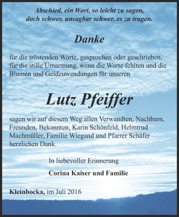 Traueranzeige von Lutz Pfeiffer von Ostthüringer Zeitung