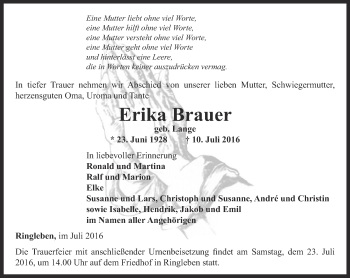 Traueranzeige von Erika Brauer von Thüringer Allgemeine, Thüringische Landeszeitung