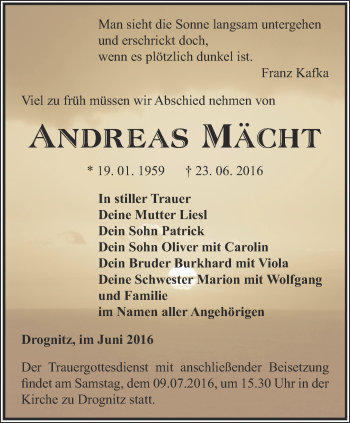 Traueranzeige von Andreas Mächt von Ostthüringer Zeitung