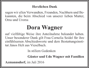 Traueranzeige von Dora Wagner von Thüringer Allgemeine, Thüringische Landeszeitung