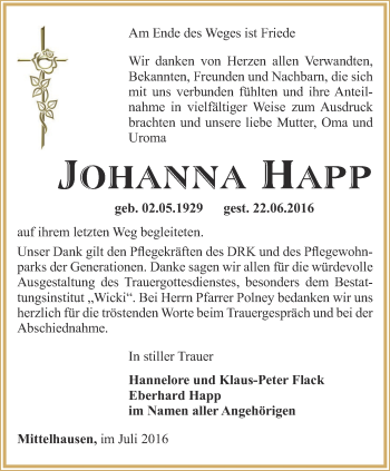 Traueranzeige von Johanna Happ von Thüringer Allgemeine, Thüringische Landeszeitung