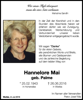 Traueranzeige von Hannelore Mai von Thüringer Allgemeine