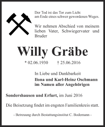 Traueranzeige von Willy Gräbe von Thüringer Allgemeine