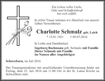 Traueranzeige von Charlotte Schmalz von Thüringer Allgemeine, Thüringische Landeszeitung