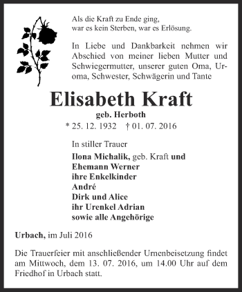 Traueranzeige von Elisabeth Kraft von Thüringer Allgemeine