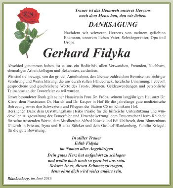 Traueranzeige von Gerhard Fidyka von Ostthüringer Zeitung