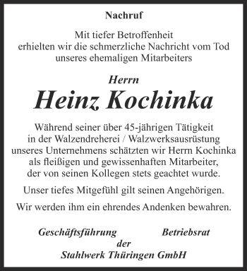 Traueranzeige von Heinz Kochinka von Ostthüringer Zeitung