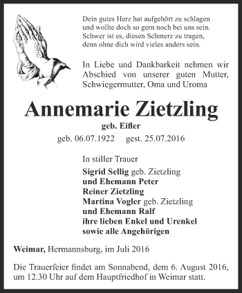 Traueranzeige von Annemarie Zeitzling von Thüringer Allgemeine, Thüringische Landeszeitung