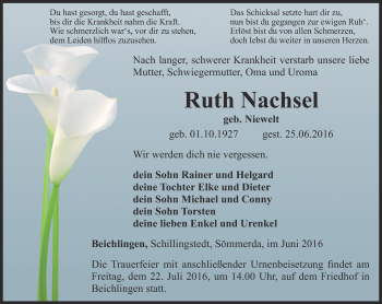 Traueranzeige von Ruth Nachsel von Thüringer Allgemeine