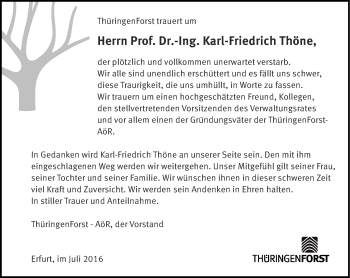 Traueranzeige von Karl-Friedrich Thöne von Thüringer Allgemeine, Thüringische Landeszeitung, Ostthüringer Zeitung
