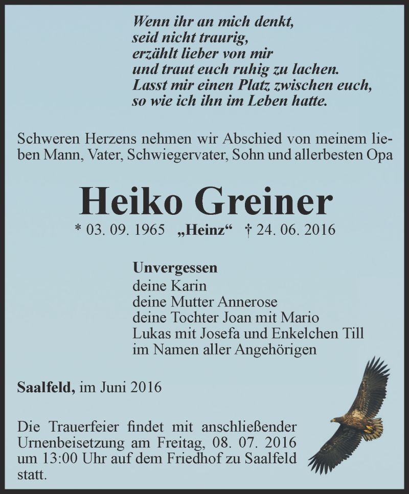  Traueranzeige für Heiko Greiner vom 02.07.2016 aus Ostthüringer Zeitung